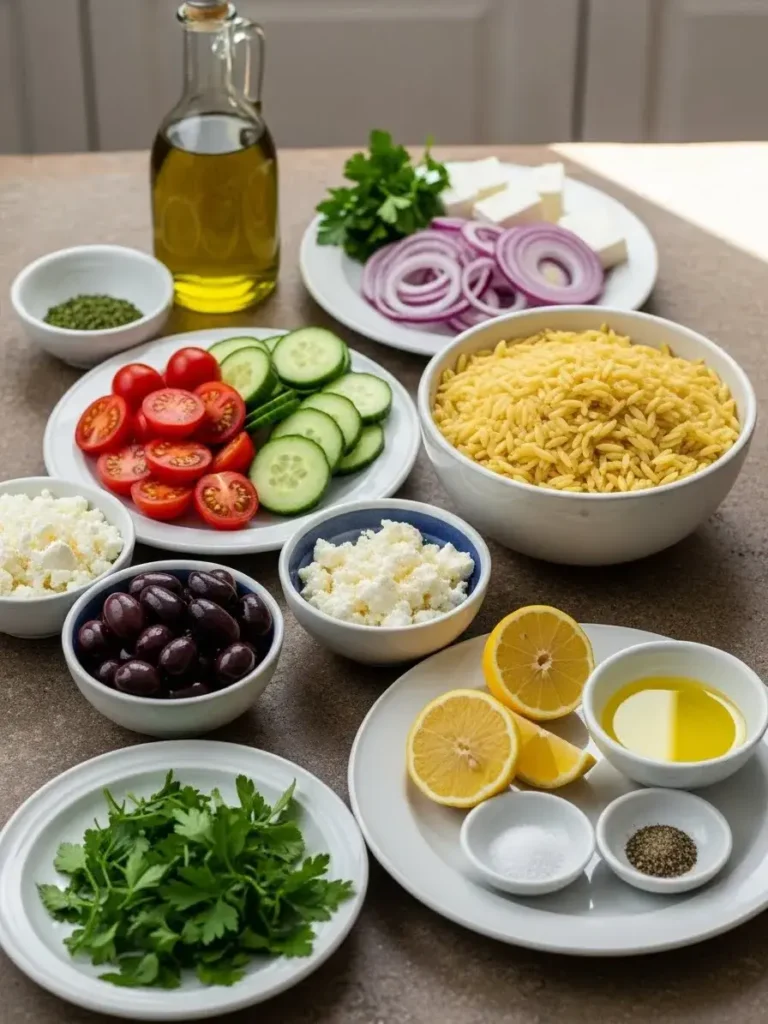 Ingredient for greek orzo pasta salad Ingredient for greek orzo pasta salad
